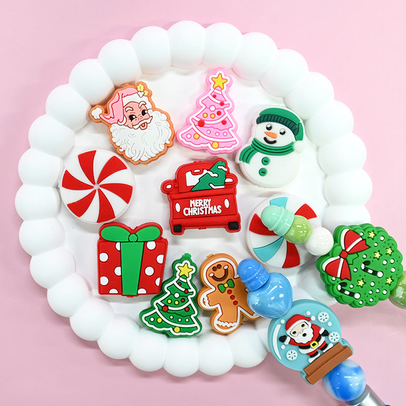 10pcs Christmas Series Creative Beadable Pen fpcal Beaded Accessories Cartoon Detachable silicone Beads